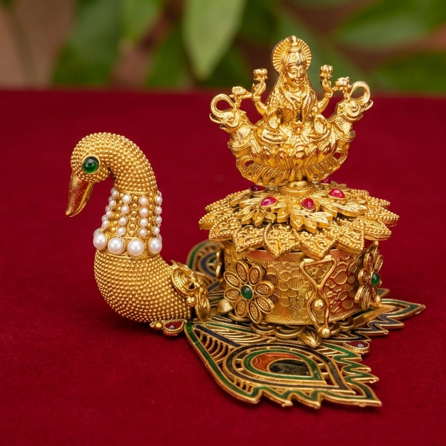 gold swan-shaped decorative item with intricate design on a red background