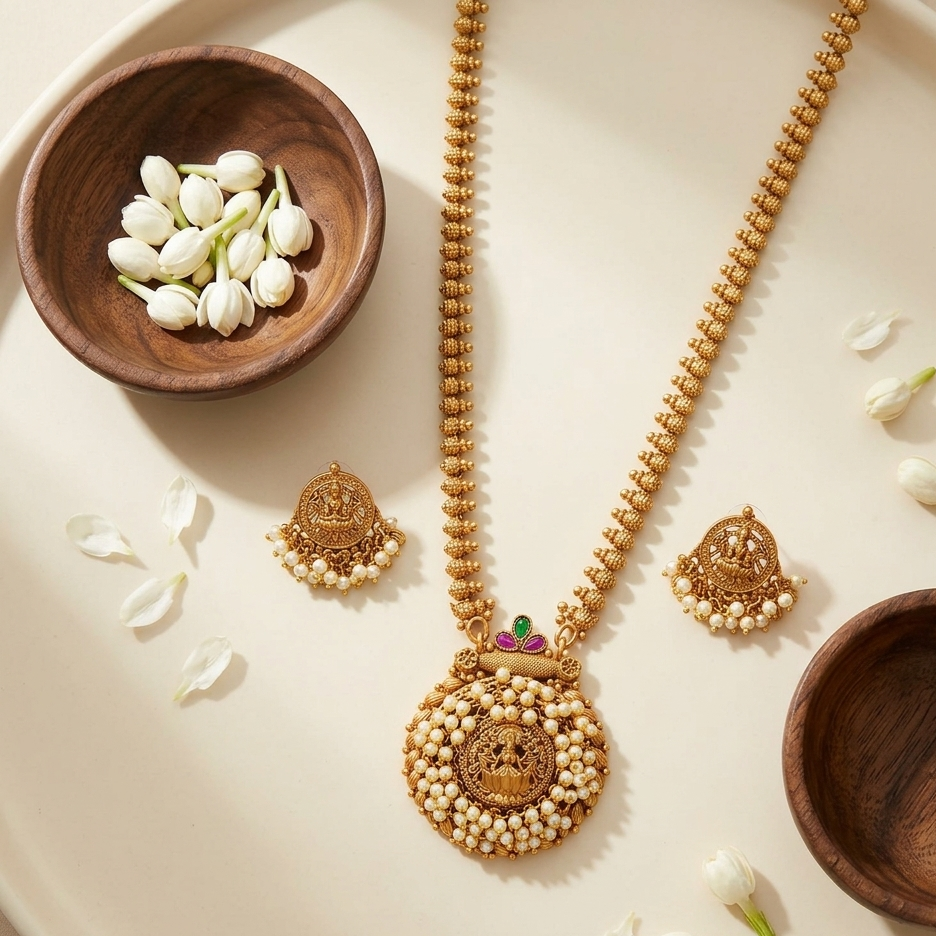 gold necklace with matching earrings on a light surface with wooden bowls and white flowers.