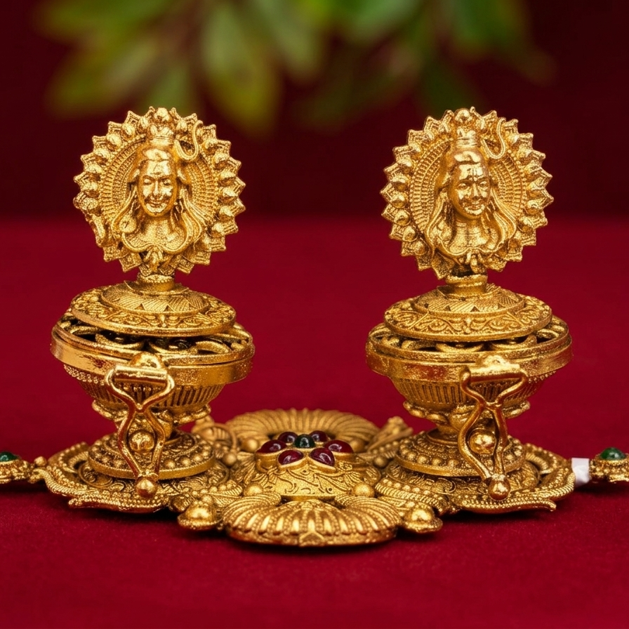 pair of gold-colored decorative items with intricate designs on a red background