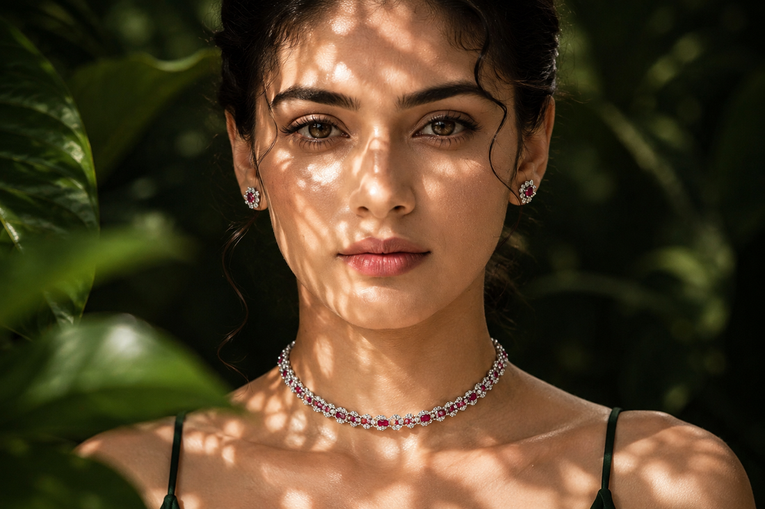 Fair Indian woman wearing an elegant ruby and diamond choker with matching earrings in luxury editorial portrait featuring soft jungle light.