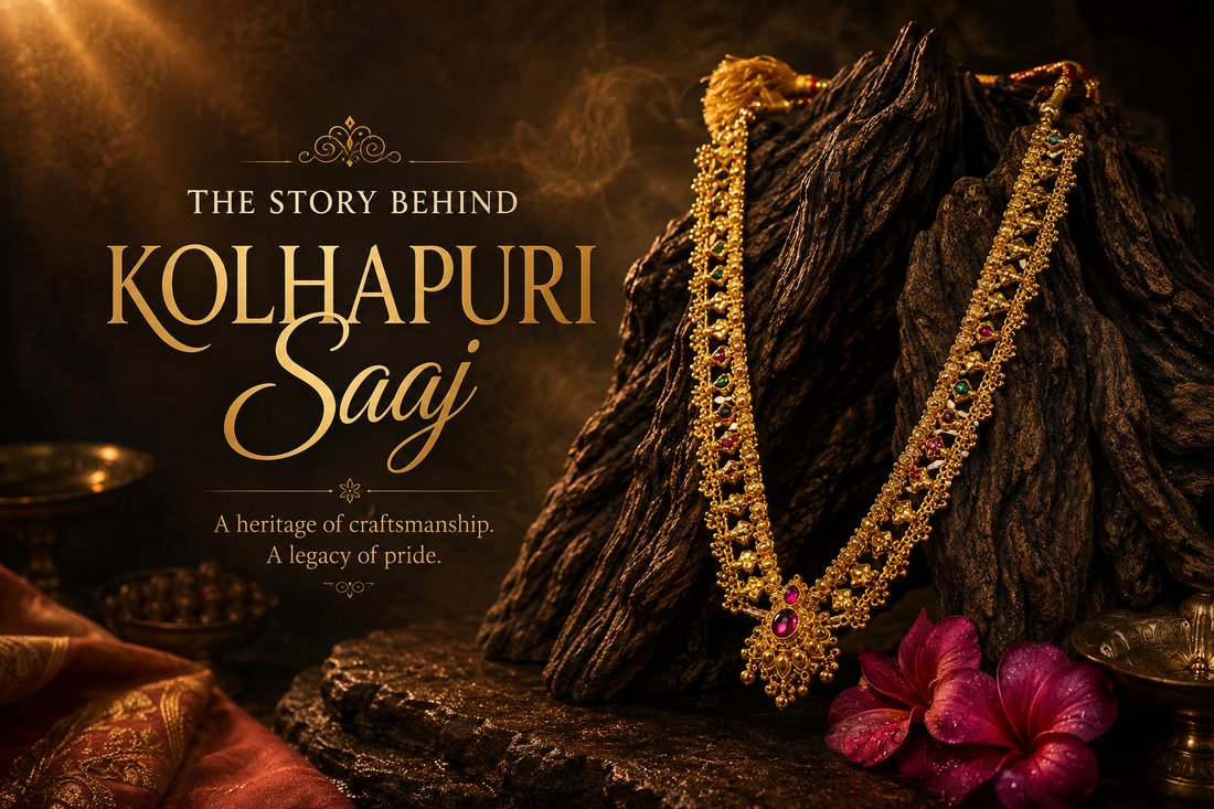 Traditional Kolhapuri Saaj gold necklace on an ivory mannequin with ancient temple background representing the story behind Kolhapuri Saaj