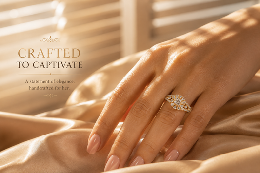 Elegant diamond floral ring worn on female hand in luxury jewellery editorial photography