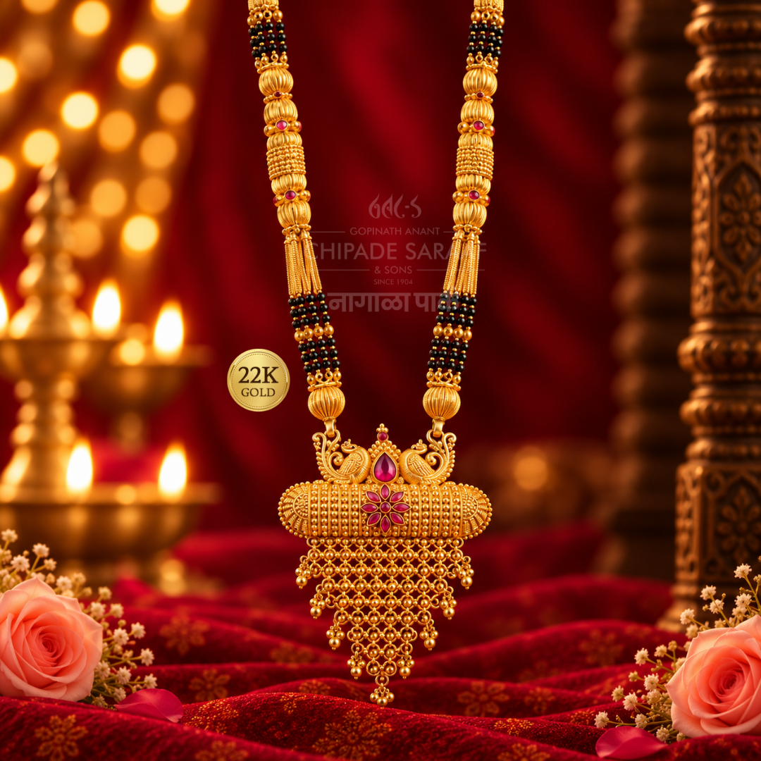 saubhagya peacock long mangalsutra | 22k gold ganthan, black beads