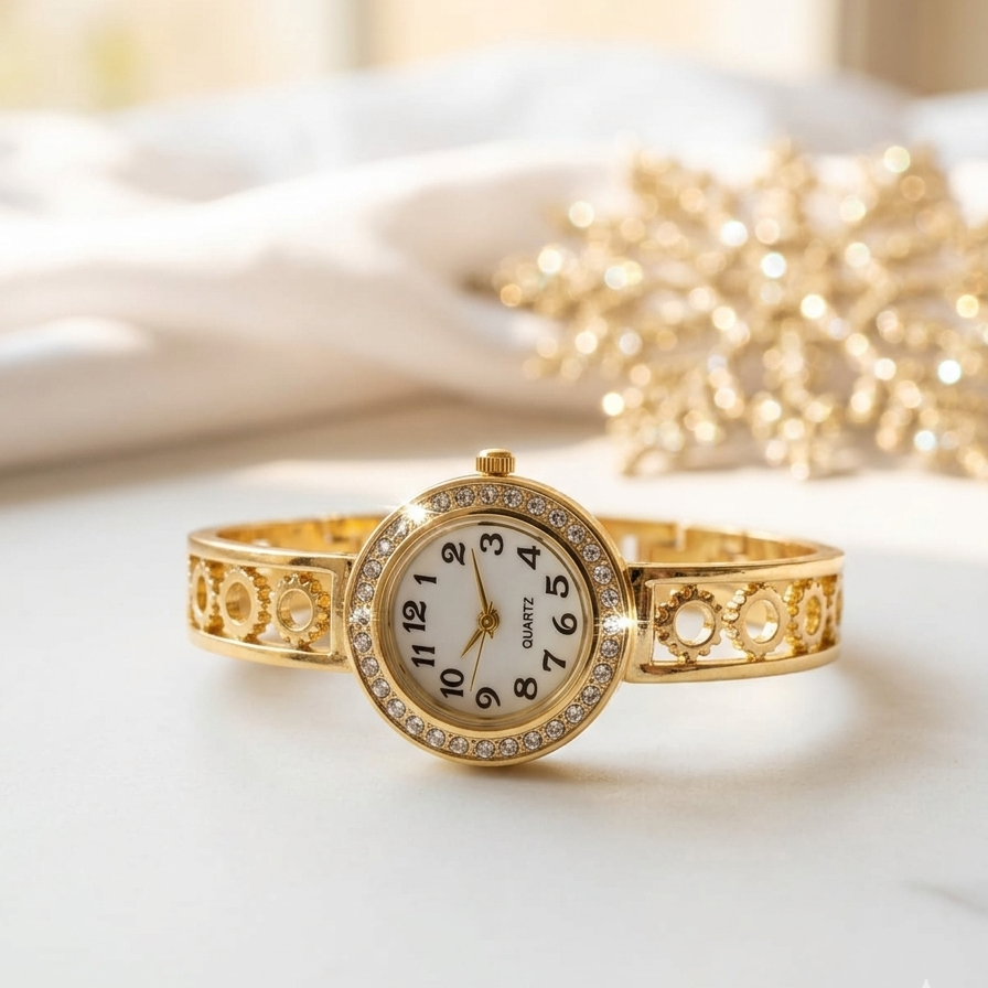 Gold bracelet watch with diamond accents on a light surface