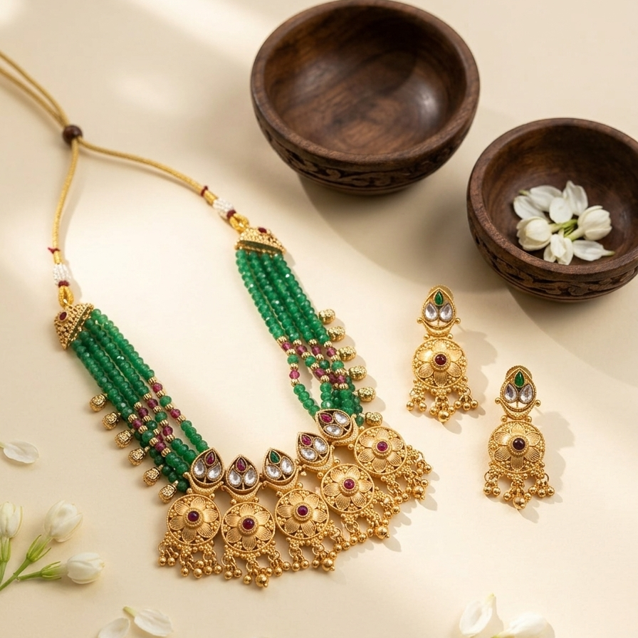 Gold and green jewelry set with earrings on a beige background