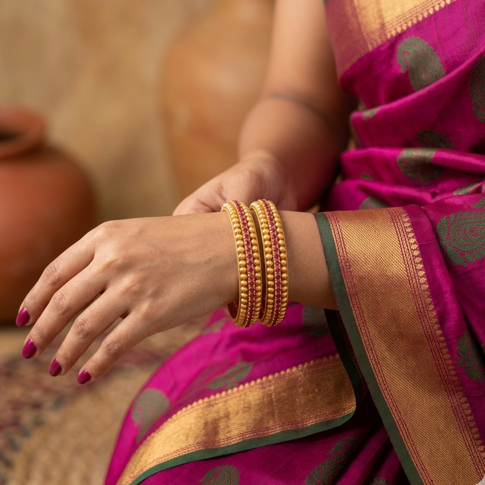 Close-up of a hand wearing gold bangles with a pink saree in the background