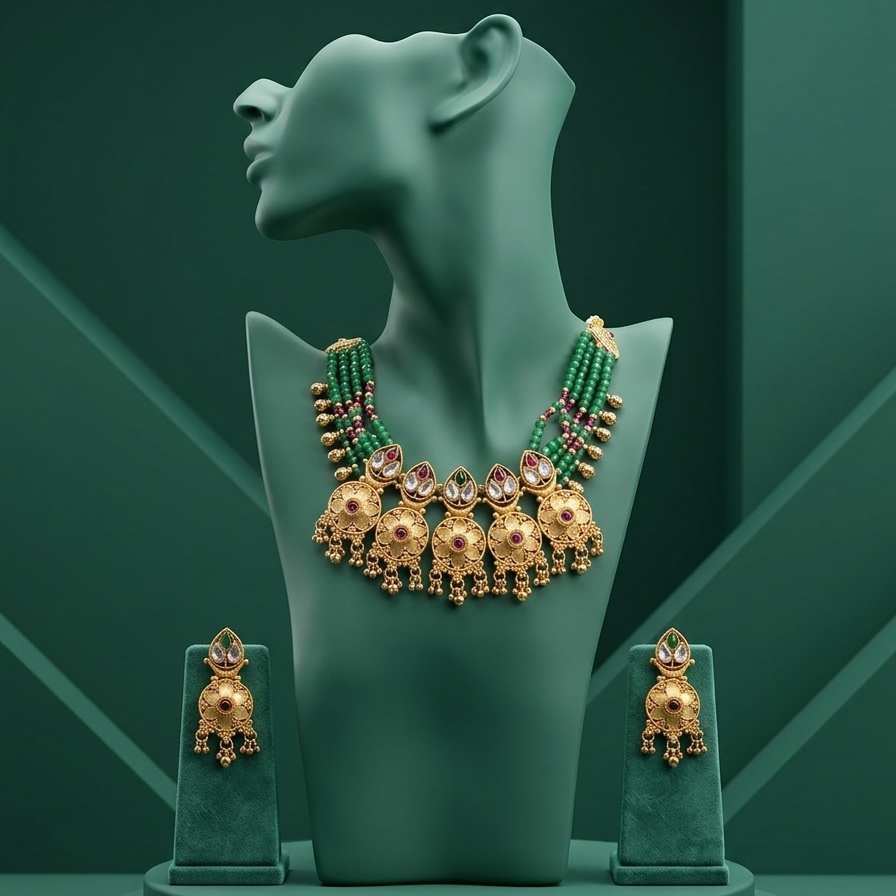 gold necklace and earrings on a green mannequin bust with a green geometric background