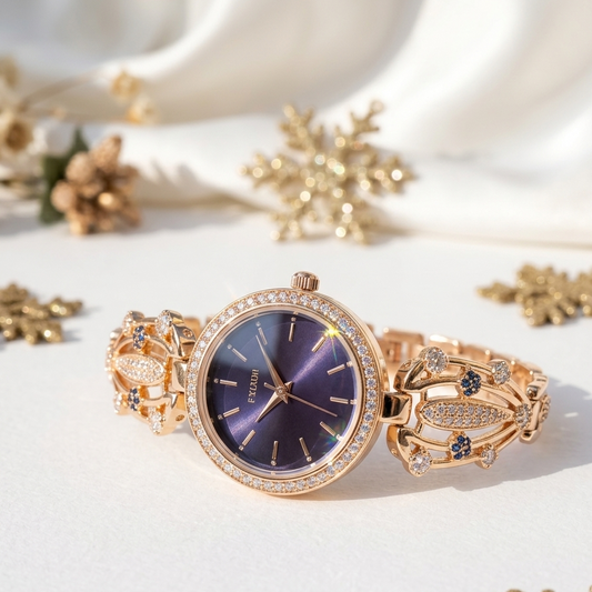 Rose gold watch with purple face on a white surface with decorative elements