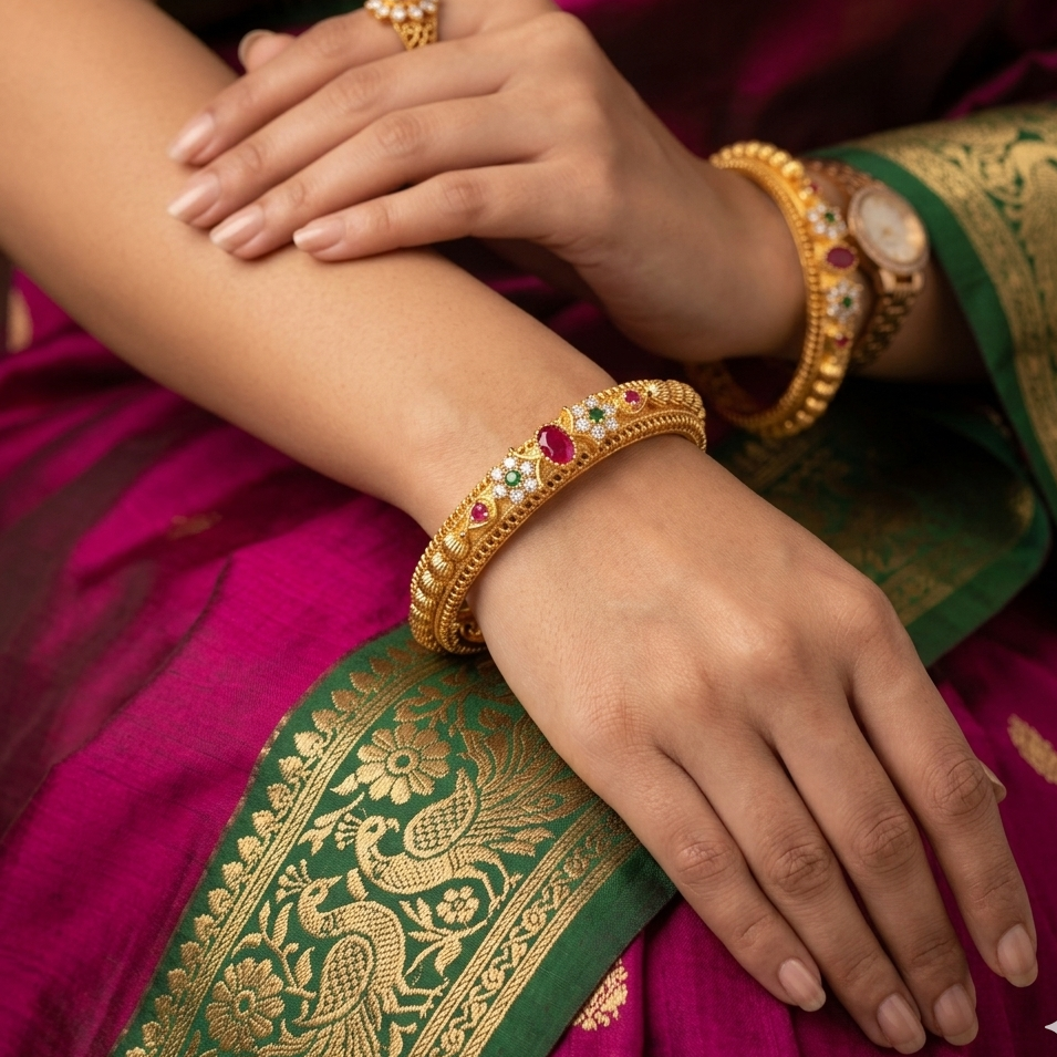 Close-up of hands wearing gold bangles on a traditional saree with green and gold patterns.