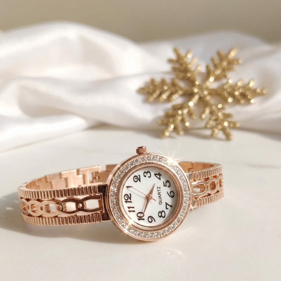 Rose gold watch with diamond accents on a white fabric background