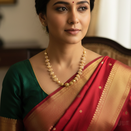 Woman wearing a red and green saree with gold jewelry indoors.