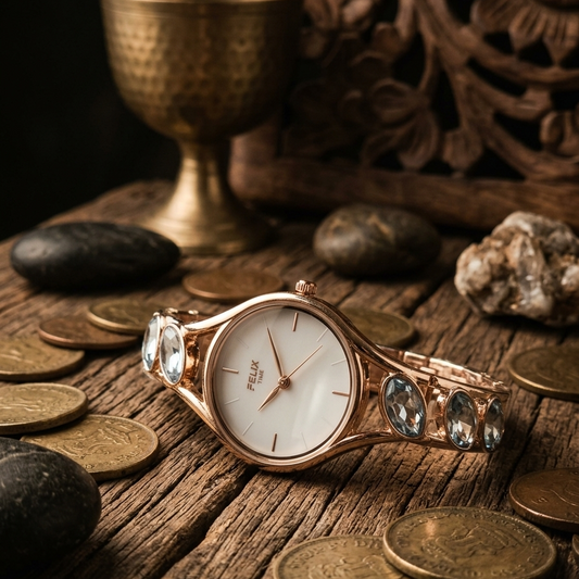 Rose gold watch with gemstones on a wooden surface with coins and a goblet.