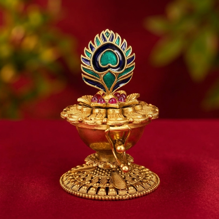 Decorative gold oil lamp with peacock design on a red background