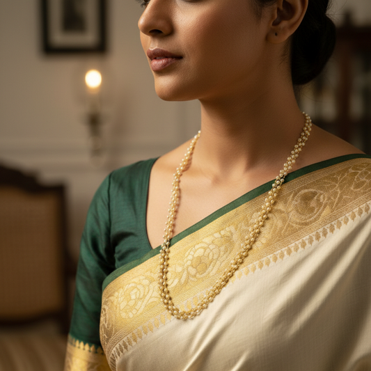 Woman wearing a traditional saree with gold and green details indoors.