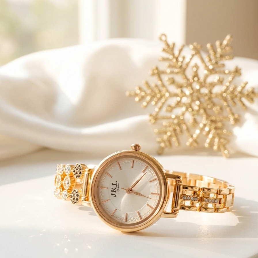 Gold wristwatch with decorative snowflake on a white surface
