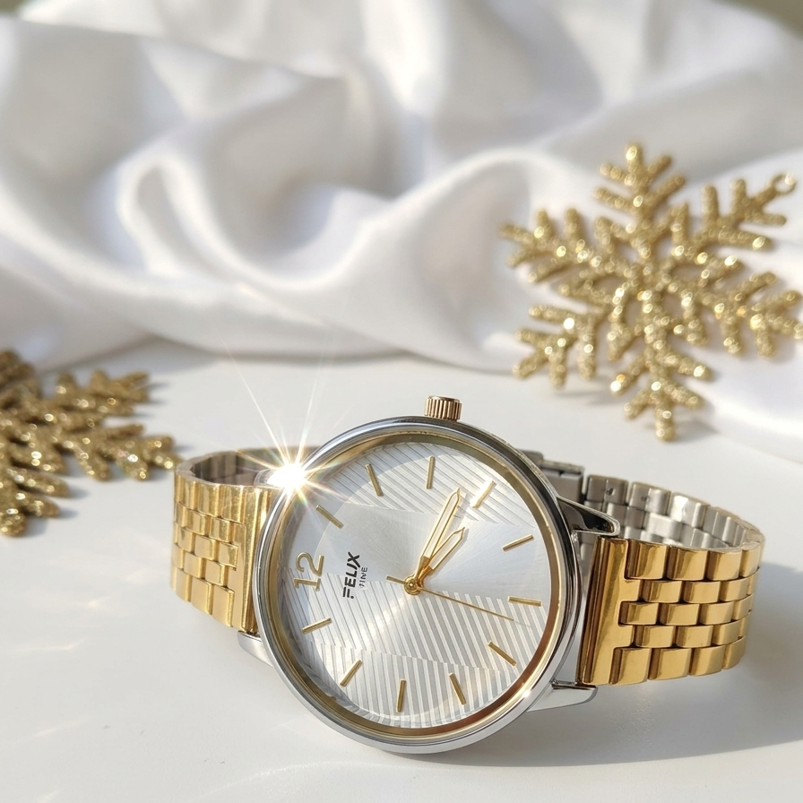 gold watch with a white face on a white fabric background with gold snowflakes.