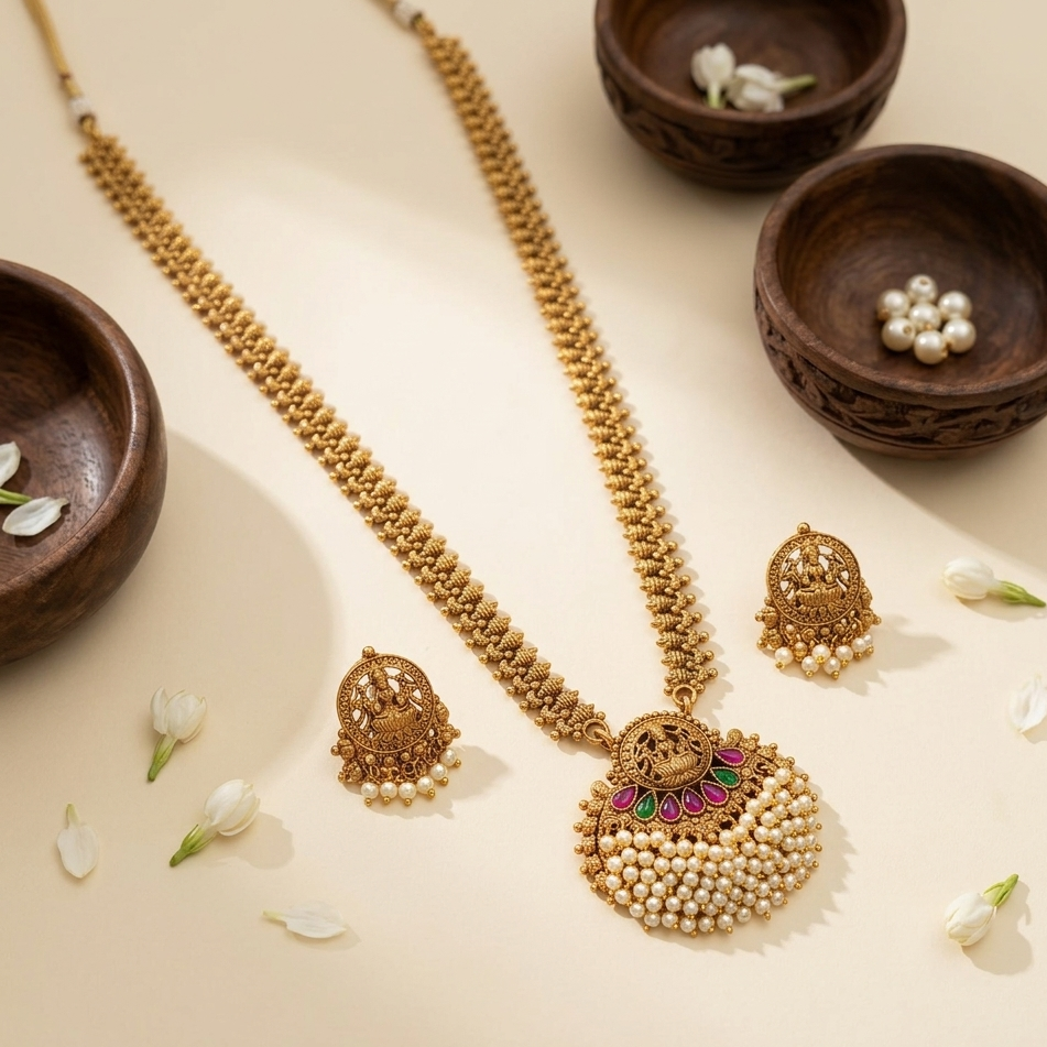 Gold necklace with pendant and earrings on a beige surface with wooden bowls and flowers.