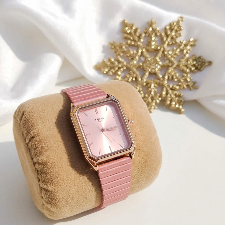 Pink watch with a matching strap on a beige cushion, with a gold snowflake decoration in the background.