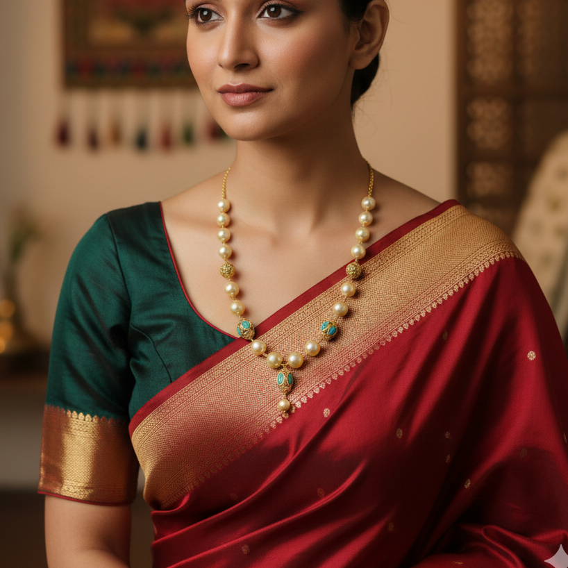 woman wearing a traditional saree with a necklace in an indoor setting