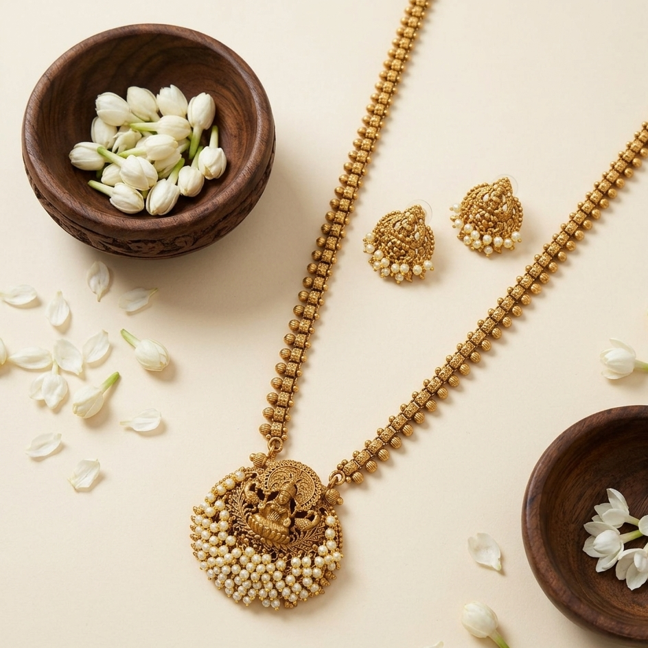 Gold necklace and earrings with wooden bowls and white flowers on a beige background