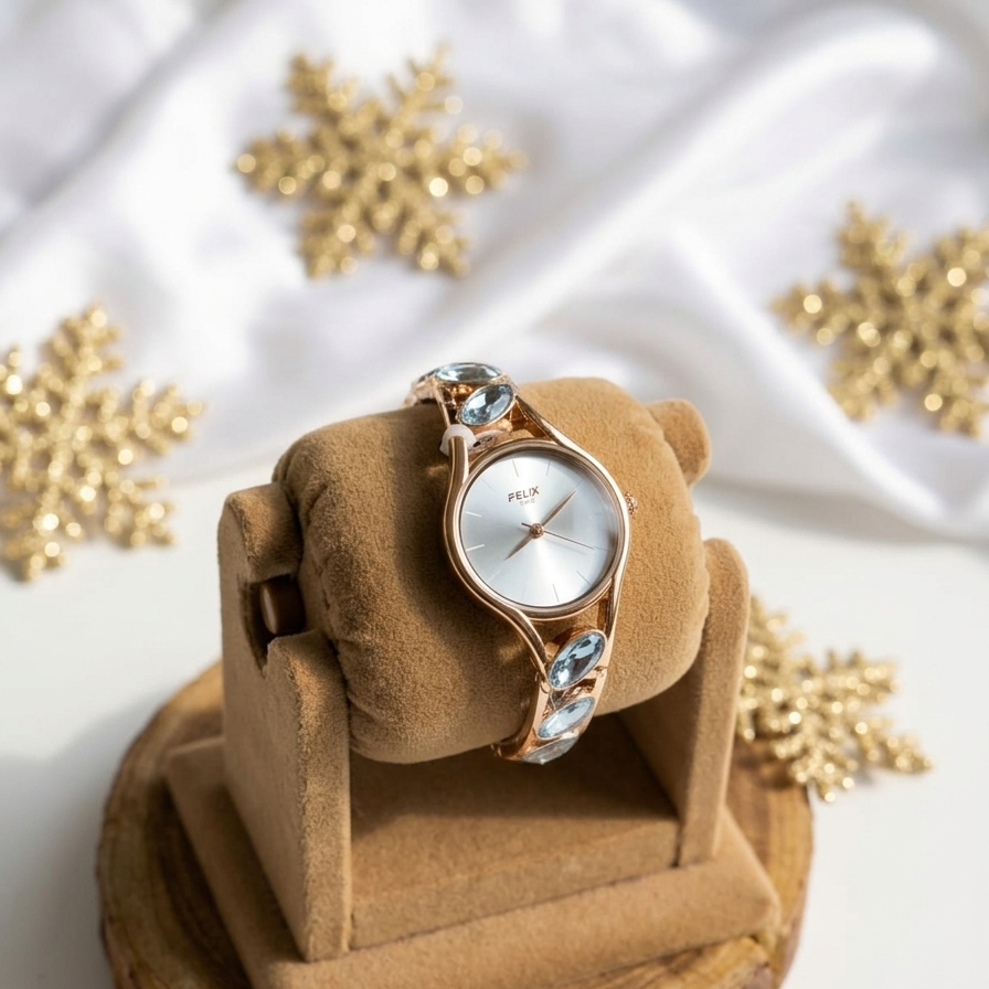 Watch on a brown cushion with gold snowflakes in the background