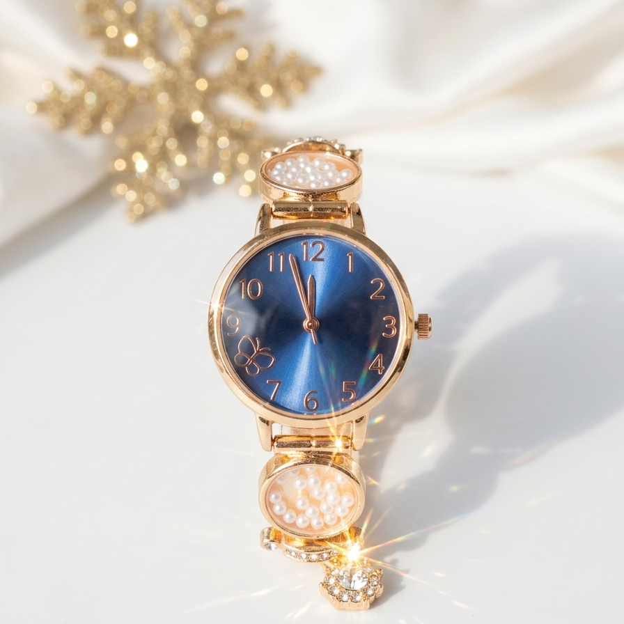gold watch with blue face on a white background