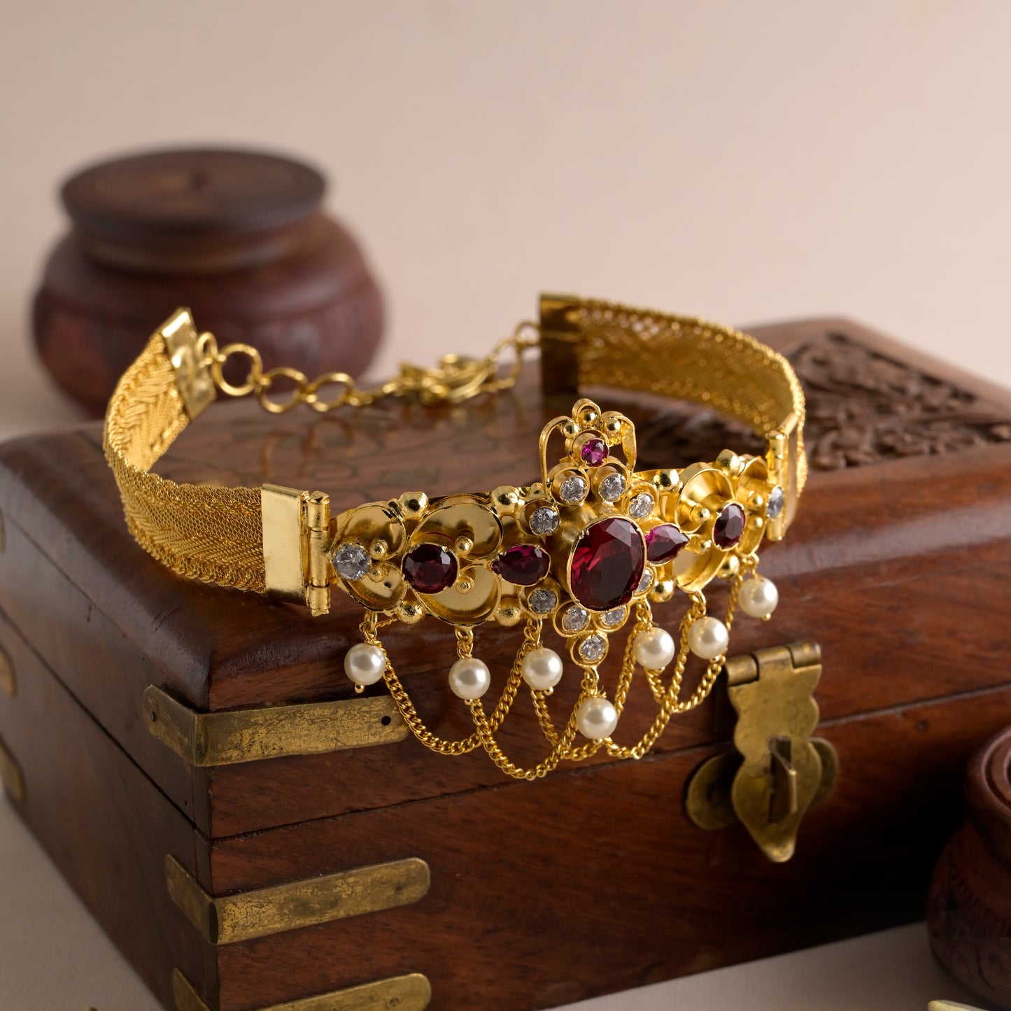 panchpushpa floral bajubandh with ruby and peral