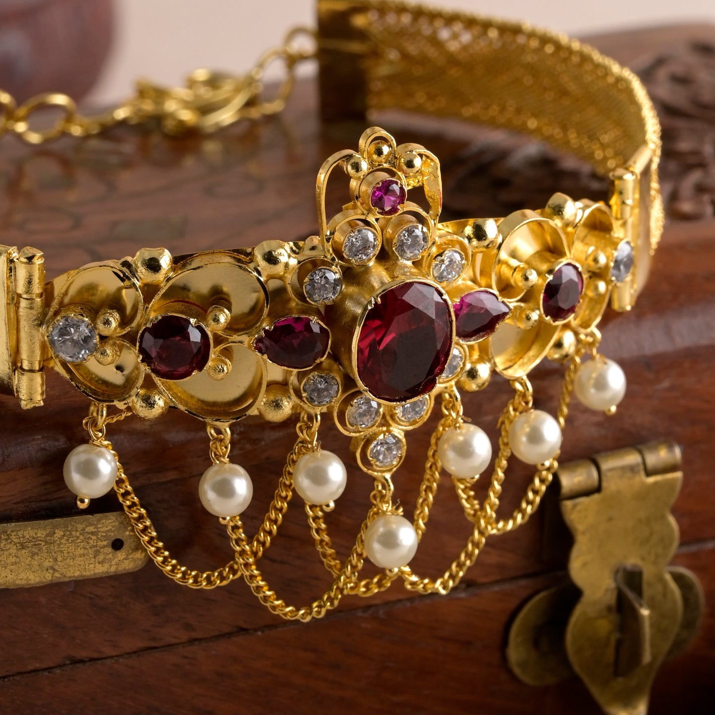 panchpushpa floral bajubandh with ruby and peral