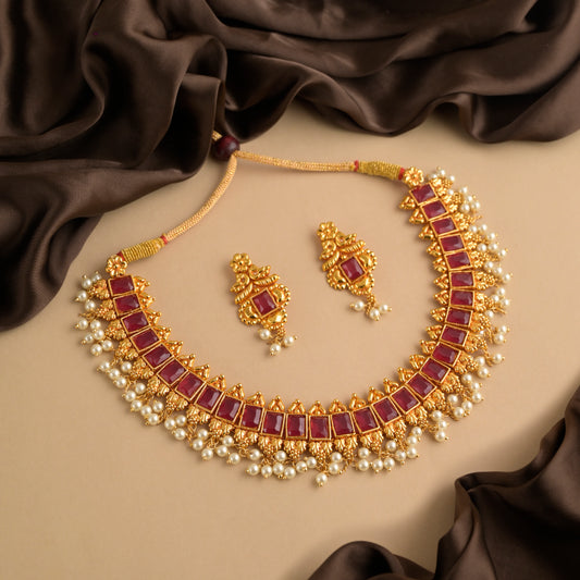 Necklace Set (Gold Polished With Red Emeralds)