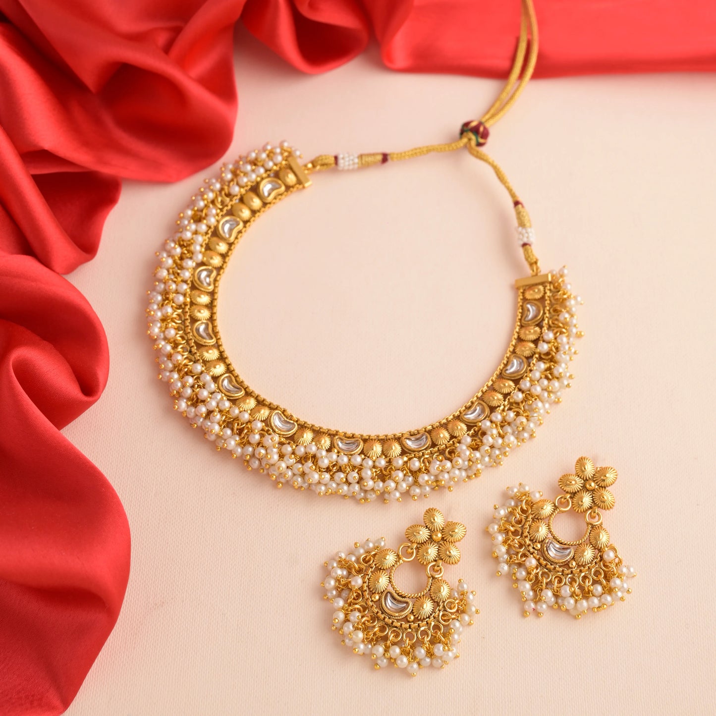 Synthetic Stones Necklace Set with Gold Polish