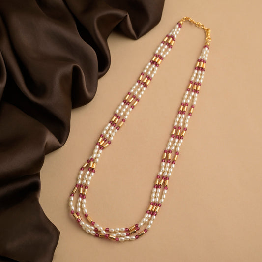 Triveni Red crystal and Rice Pearl Mala