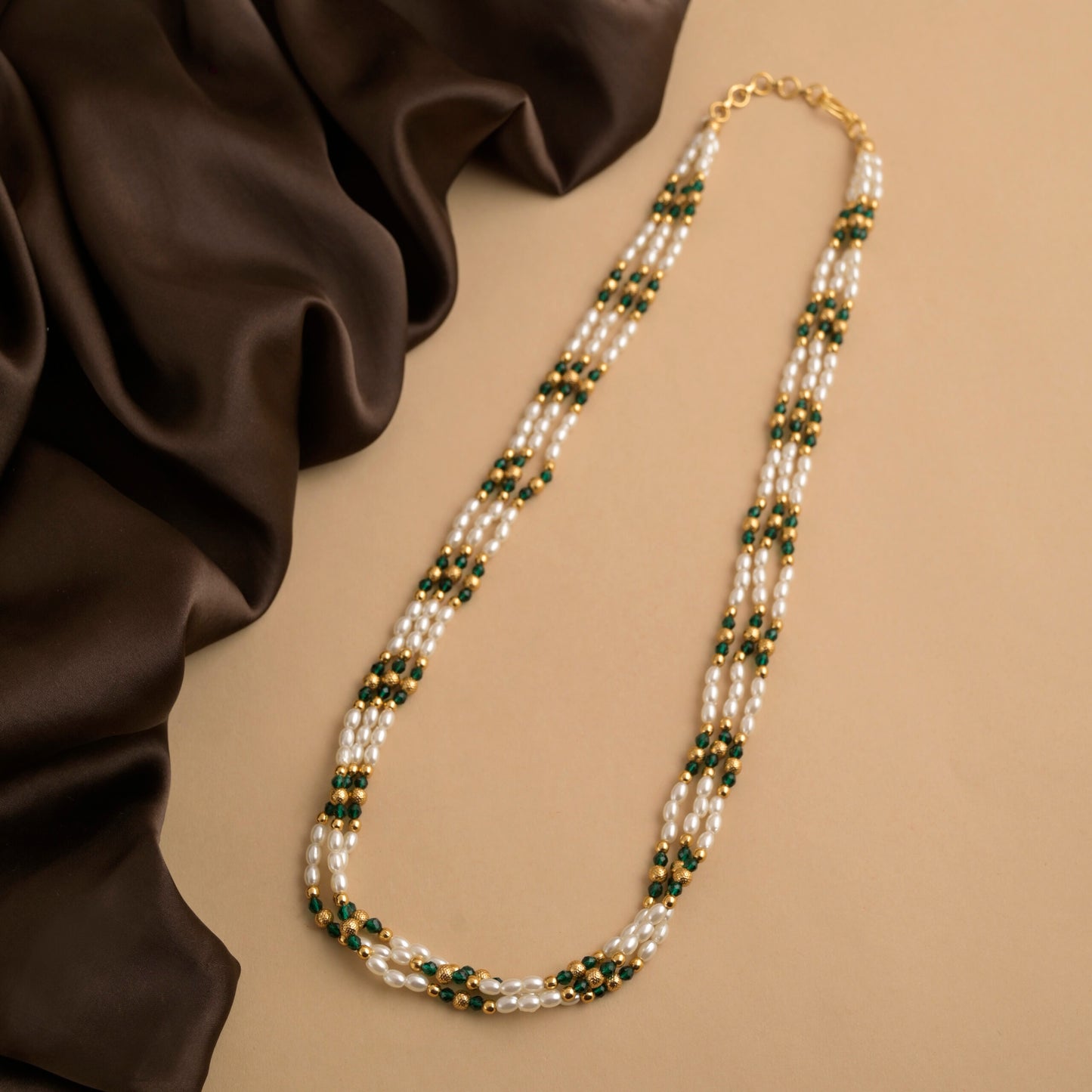 triveni green crystal and rice pearl mala